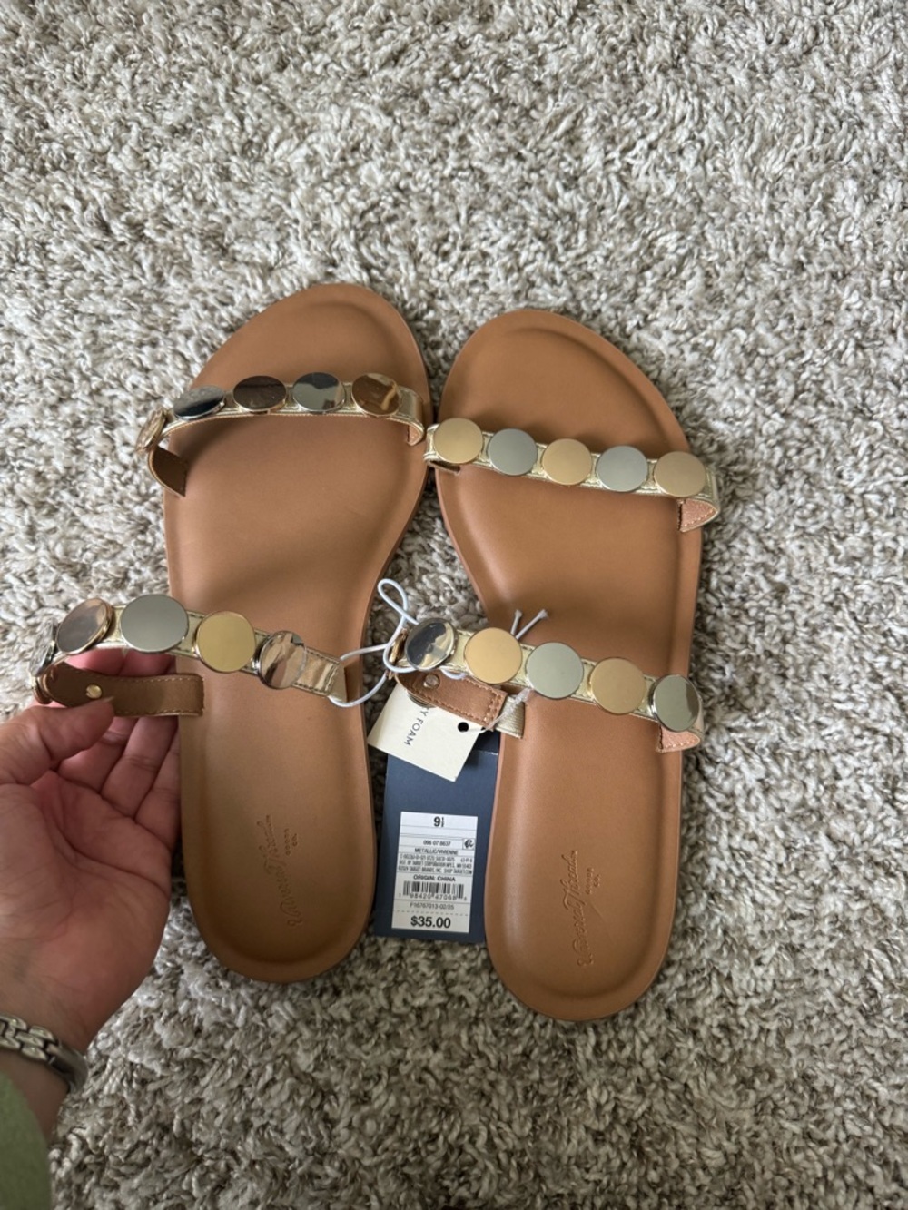 Women's Tan Slide Sandals with Metallic Accents size 9.5
